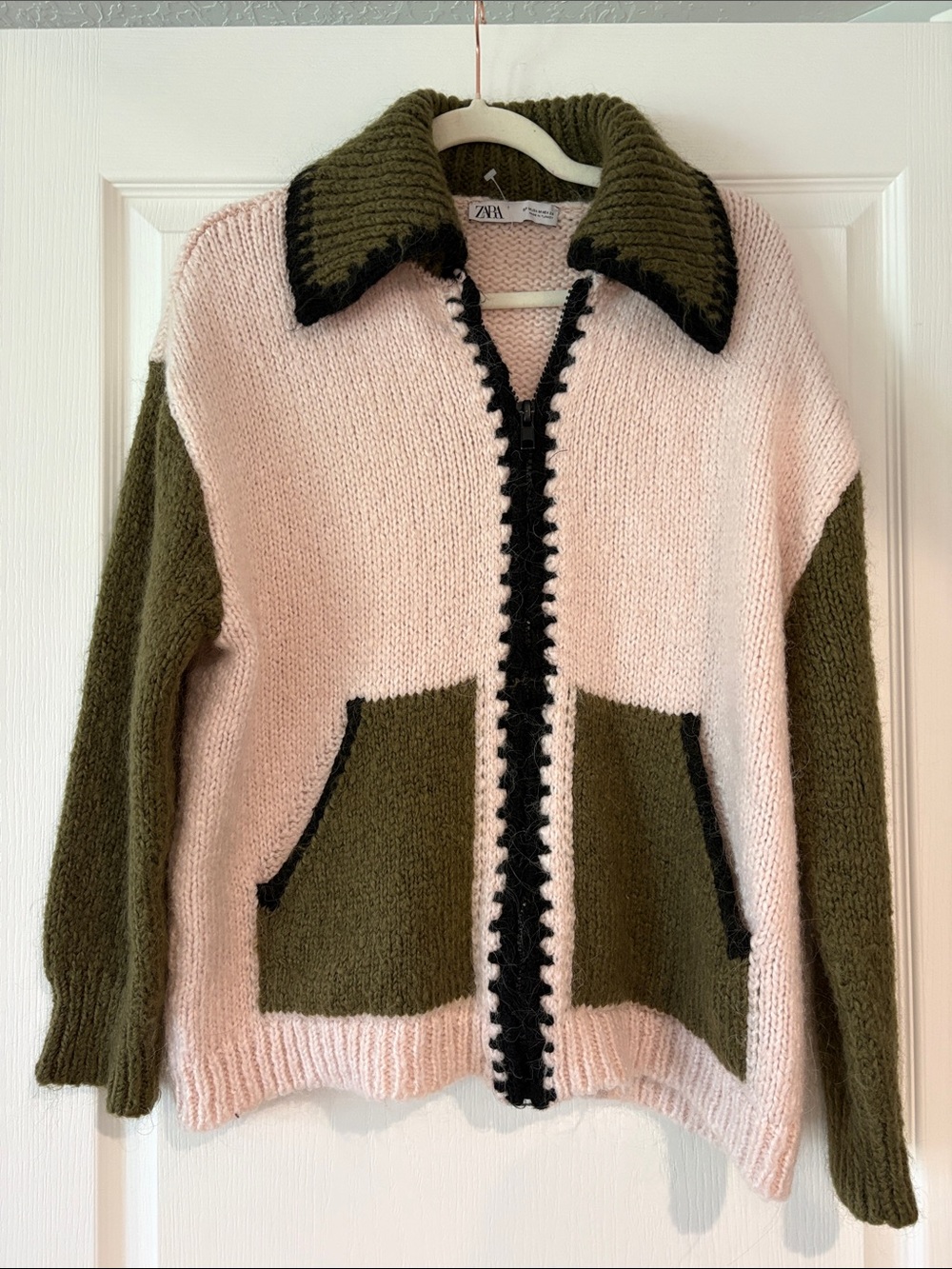 Zara Pink and Olive Green Knit Zip Cardigan with Black Trim